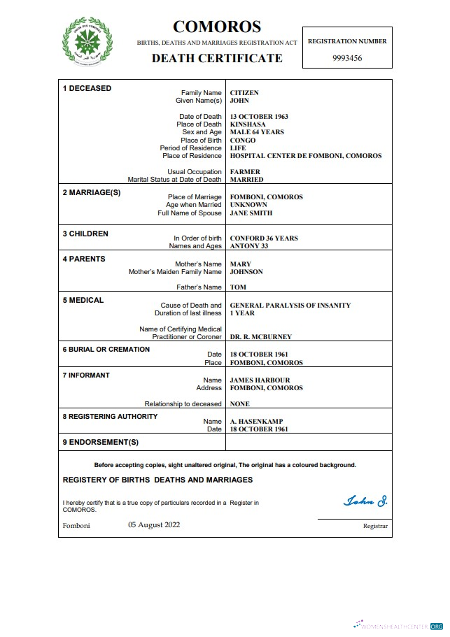 Download Comoros vital record death certificate Word and PDF template Photoshop template